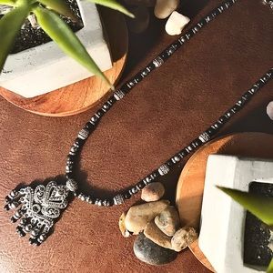 Black and Silver Beaded Abstract Boho Necklace